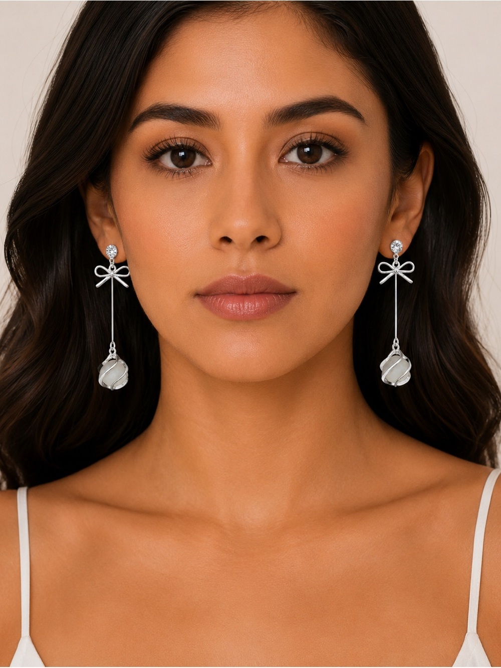 Silver Bow Drop Earrings with Stone Accent - Women Jewelry